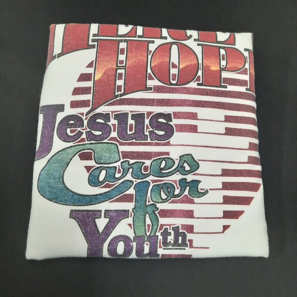 Vintage Single Stitch T-shirt Jesus Cares for Youth Men's Size Large - Picture 9 of 9